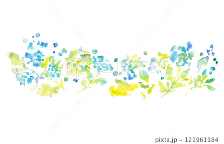 水彩画。水彩タッチの草木と花の新緑フレームパーツ。植物のベクターイラスト。 121961184