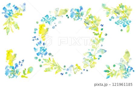 水彩画。水彩タッチの草木と花の新緑フレームパーツ。植物のベクターイラスト。 水彩画。水彩タッチの草木と花の新緑フレームパーツ。植物のベクターイラスト。 121961185