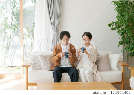 リビングでくつろぐカップル 121961403