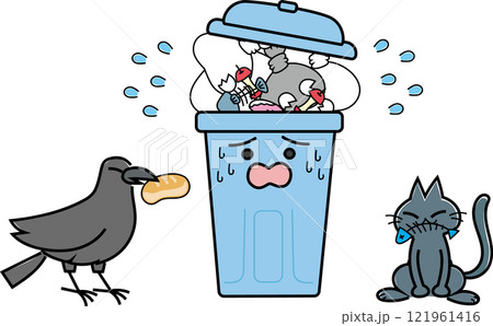 溢れるゴミ箱を荒らす猫とカラス 121961416