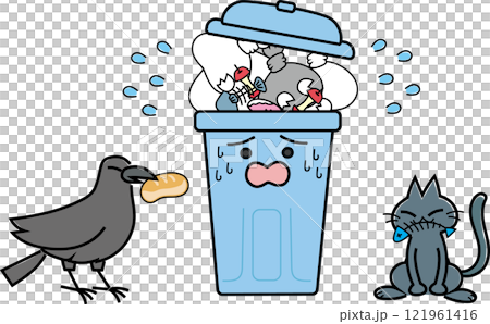 溢れるゴミ箱を荒らす猫とカラス 121961416