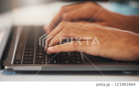 SEO, manager or advertising agent hand closeup typing a blog, email or searching the web on laptop at work. Vlogger or influencer fingers writing and planning marketing strategy for social media. SEO, manager or advertising agent hand closeup typing a blog, email or searching the web on laptop at work. Vlogger or influencer fingers writing and planning marketing strategy for social media. 121961664