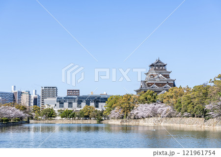 広島県広島市　満開の桜が美しい広島城と周辺の街並み 121961754