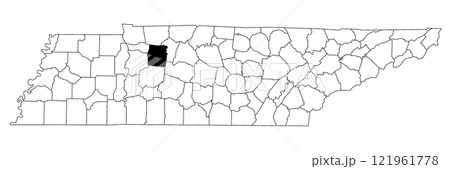 Map of Dickson County in Tennessee state on white background. single County map highlighted by black colour on Tennessee map. UNITED STATES, US. 121961778