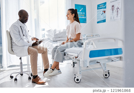 Doctor consulting, explaining diagnosis and medical checkup on digital tablet with patient in a clinic. Healthcare worker and physician in appointment with medicine advice, wellness and test feedback Doctor consulting, explaining diagnosis and medical checkup on digital tablet with patient in a clinic. Healthcare worker and physician in appointment with medicine advice, wellness and test feedback 121961868