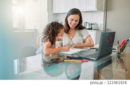 Mother helping her girl with writing her homework of a happy family house in her creative kids notebook. Mom, education and smart school student studying and distance learning with her young parent 121961926
