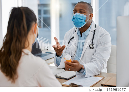 Covid healthcare, mental health and medicine doctor talking with a listening patient in medicare, hospital office visit or clinic. GP checkup, diagnosis or health insurance for depression medication Covid healthcare, mental health and medicine doctor talking with a listening patient in medicare, hospital office visit or clinic. GP checkup, diagnosis or health insurance for depression medication 121961977