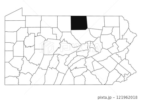 Map of Tioga County in Pennsylvania state on white background. single County map highlighted by black colour on Pennsylvania map. UNITED STATES, US 121962018