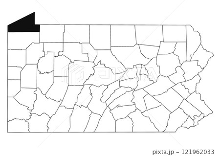 Map of Erie County in Pennsylvania state on white background. single County map highlighted by black colour on Pennsylvania map. UNITED STATES, US 121962033