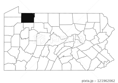 Map of Warren County in Pennsylvania state on white background. single County map highlighted by black colour on Pennsylvania map. UNITED STATES, US 121962062