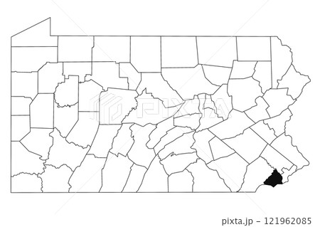 Map of Delaware County in Pennsylvania state on white background. single County map highlighted by black colour on Pennsylvania map. UNITED STATES, US 121962085