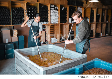 Crushing grapes for wine manufacturing in a cellar, winery and distillery. Industry employees, vintners and workers with press tool in a tank to mix large crate for fermentation process in production Crushing grapes for wine manufacturing in a cellar, winery and distillery. Industry employees, vintners and workers with press tool in a tank to mix large crate for fermentation process in production 121962147