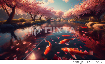 桜並木がある池で鯉が泳いでいるイラスト 121962237