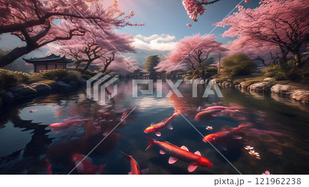 桜並木がある池で鯉が泳いでいるイラスト 121962238