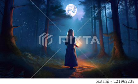 月明かりに照らされた霧深い夜の森を歩く、ろうそくを持った少女 121962239