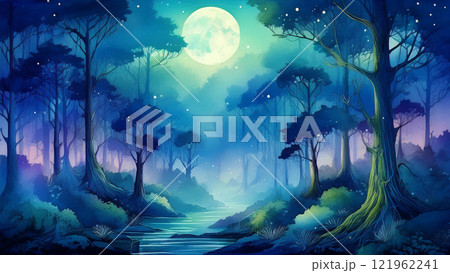 月明かりに照らされた霧深い夜の森 121962241