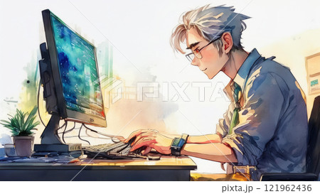 パソコンを使って活き活きと仕事をしているミドル世代の男性 121962436