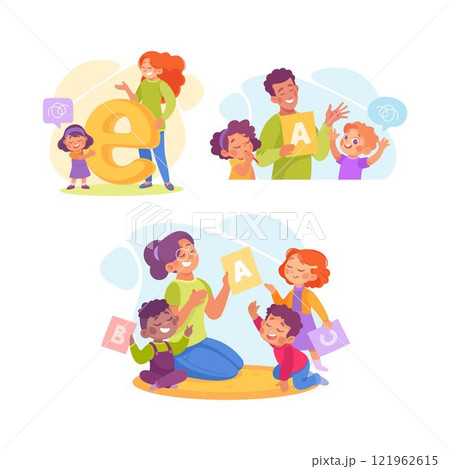 Speech with Teacher Explaining Alphabet to Little Boy and Girl Vector Illustration Set Speech with Teacher Explaining Alphabet to Little Boy and Girl Vector Illustration Set 121962615