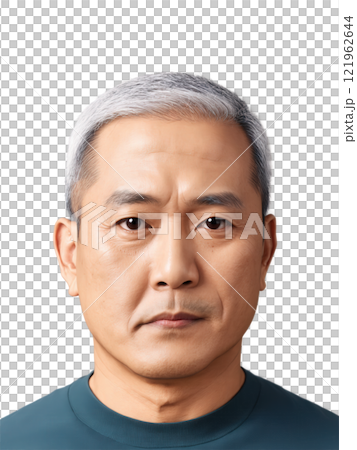 Asian man aged 40-50 years old, wearing casual clothes, looking neutral without glasses, with buzz cut and gray hair. 121962644