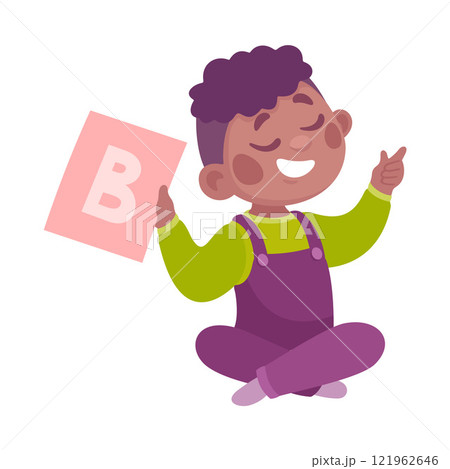 Speech with Little Boy Sit on Floor with Flashcard Vector Illustration Speech with Little Boy Sit on Floor with Flashcard Vector Illustration 121962646