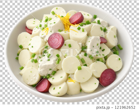 Red Potato Salad Boiled red potatoes mixed with green onions, mayonnaise, and a touch of mustard. The potatoes are tender, 121962652