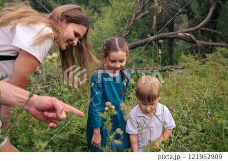 A joyful family happily discovers the enchanting beauty of nature in a vibrant, flowerfilled meadow area A joyful family happily discovers the enchanting beauty of nature in a vibrant, flowerfilled meadow area 121962909
