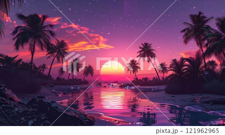沈む夕日とヤシの木 121962965