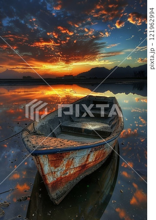 ボート越しに見える夕景 121962994