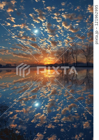 水面に反射した夕景 121962995