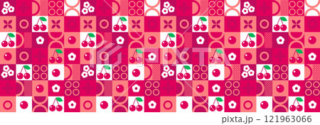 Cherry abstract geometric pattern in minimalism style. Natural organic plant and berry shapes, eco-farming. Designer fabric, card, wrapping paper, cover. 121963066