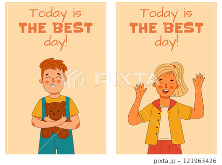 A small set of cards featuring joyful children boy and girl, with the message Today is the best day 121963426