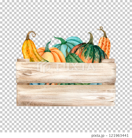 Watercolor wooden box with orange and green pumpkins. Hand drawing rustic illustration Isolated for design, invitations, greeting cards, decorations and more Watercolor wooden box with orange and green pumpkins. Hand drawing rustic illustration Isolated for design, invitations, greeting cards, decorations and more 121963441