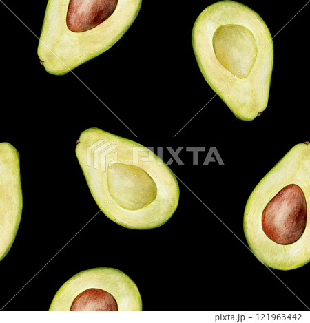 Watercolor avocado seamless pattern on black background. Green vegetable illustration. Hand drawn botanical plant drawing background for pack, textile, fabric and food packaging design. Watercolor avocado seamless pattern on black background. Green vegetable illustration. Hand drawn botanical plant drawing background for pack, textile, fabric and food packaging design. 121963442