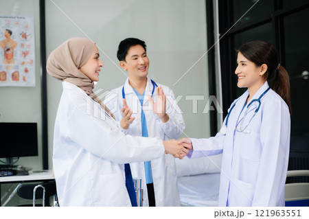 Doctor handshake and partnership in healthcare, medicine or trust for collaboration, unity or support.Team of medical experts shaking hands 121963551