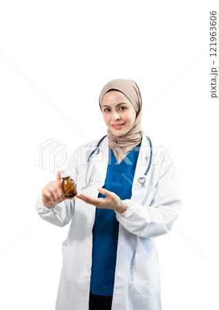 Muslim Arab person. The face of a female doctor on an isolated white background. Muslim Arab person. The face of a female doctor on an isolated white background. 121963606