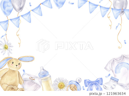 Pastel watercolor card for a baby boy, featuring a charming garland and bunny toy. The hand drawn rectangular border and blank copyspace make it perfect for a baby shower or newborn announcement Pastel watercolor card for a baby boy, featuring a charming garland and bunny toy. The hand drawn rectangular border and blank copyspace make it perfect for a baby shower or newborn announcement 121963634