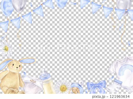 Pastel watercolor card for a baby boy, featuring a charming garland and bunny toy. The hand drawn rectangular border and blank copyspace make it perfect for a baby shower or newborn announcement Pastel watercolor card for a baby boy, featuring a charming garland and bunny toy. The hand drawn rectangular border and blank copyspace make it perfect for a baby shower or newborn announcement 121963634