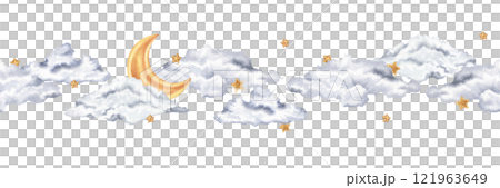 A watercolor illustration of a night sky with stars, clouds, and a crescent moon. This seamless border pattern in soft gold and gray hues is perfect for nursery decor or baby showers 121963649