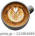 Latte art coffee drink in light white mug. A latte with beautiful latte on white background. Creamy coffee with heart art design in white mug. 121963689