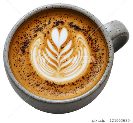 Latte art coffee drink in light white mug. A latte with beautiful latte on white background. Creamy coffee with heart art design in white mug. 121963689