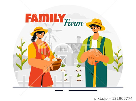 Family Farm Vector Illustration Featuring a Mother and Father Working on a Farm in a Rural Countryside Landscape with a Flat Style Cartoon Background Family Farm Vector Illustration Featuring a Mother and Father Working on a Farm in a Rural Countryside Landscape with a Flat Style Cartoon Background 121963774