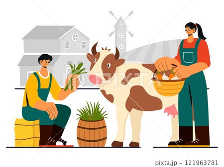 Family Farm Vector Illustration Featuring a Mother and Father Working on a Farm in a Rural Countryside Landscape with a Flat Style Cartoon Background Family Farm Vector Illustration Featuring a Mother and Father Working on a Farm in a Rural Countryside Landscape with a Flat Style Cartoon Background 121963781