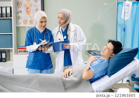Hospital Ward Female Professional Asian Doctors Talk with a Patient, Give Health Care Advice, Recommend Treatment Plan Hospital Ward Female Professional Asian Doctors Talk with a Patient, Give Health Care Advice, Recommend Treatment Plan 121963805