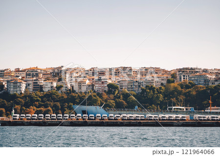Car transportation via istanbul. automobile customs point on the shore of the bosphorus in turkey Car transportation via istanbul. automobile customs point on the shore of the bosphorus in turkey 121964066
