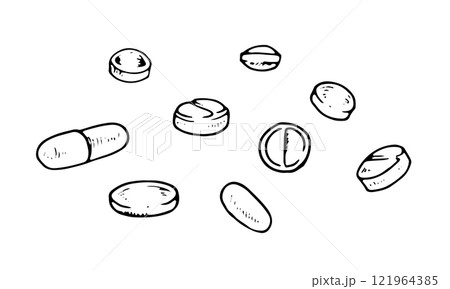 Vector illustration of pills, capsules, and tablets. Hand drawn black and white style. Detailed line art ideal for medical, pharmaceutical, or healthcare design concepts 121964385