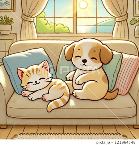 お昼寝する子猫と子犬 121964549