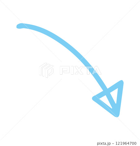 矢印　手書き　単体　水色　下がる	 121964700