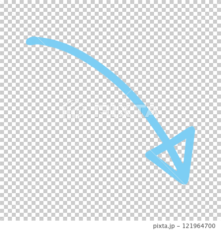 矢印　手書き　単体　水色　下がる	 121964700