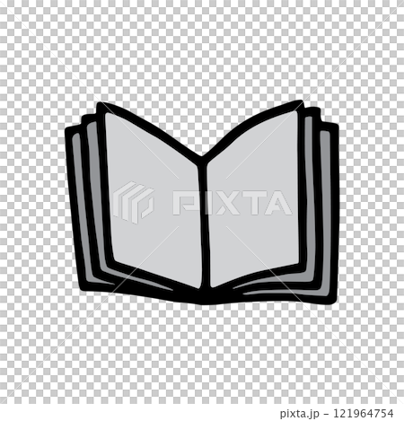Doodle open book icon hand drawn with black line in freehand style, colored grey Doodle open book icon hand drawn with black line in freehand style, colored grey 121964754