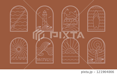 Retro style, bohemian linear surfing, pacific ocean, sea badge, icon, design. Simple geometric surf camp, sticker, t-shirt template, frame. 121964866